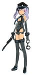  black_thighhighs blue_hair elbow_gloves gloves handcuffs hat leotard long_hair necktie police_hat red_eyes shimada_fumikane sketch thighhighs twin_tails 