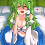  bare_shoulders blue_eyes blush breasts cleavage detached_sleeves frog futon green_hair hair_ornament heart heart-shaped_pupils highres kochiya_sanae large_breasts long_hair midriff naughty_face navel no_bra on_bed open_mouth roki_(hirokix) sitting skirt smile snake solo sweat symbol-shaped_pupils tatami touhou yellow_eyes yes yes-no_pillow 