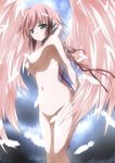  :o akita_hika angel_wings bad_id bad_pixiv_id blush breasts censored convenient_censoring cowboy_shot feathered_wings feathers green_eyes highres ikaros large_breasts navel nude pink_hair pink_wings robot_ears short_hair solo sora_no_otoshimono wings 
