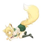  ahoge all_fours animal_ears fox_ears fox_tail kneehighs nekoya_saki no_shoes orange_eyes original school_uniform simple_background skirt smile solo tail 