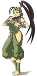  antenna_hair arm_guards armlet bare_hips bare_shoulders black_hair brown_eyes green_legwear hair_pulled_back hip_vent ibuki_(street_fighter) knife_(artist) looking_at_viewer ninja simple_background solo standing street_fighter toeless_legwear white_background 