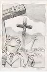  comic crucifixion death english greyscale grover highres jesus kermit_the_frog microphone monochrome nail necktie no_humans rope sesame_street teeny_little_super_guy 