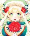  ao_nago bad_id bad_pixiv_id blonde_hair flower hair_flower hair_ornament hat original red_flower red_rose rose solo 