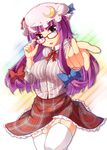  adjusting_eyewear alternate_costume bespectacled blush bow crescent foreshortening garter_straps glasses hair_bow hat highres impossible_clothes impossible_shirt long_hair looking_at_viewer necktie open_mouth outstretched_hand panties patchouli_knowledge plaid plaid_skirt purple_eyes purple_hair shirt skirt smile solo teruteru-deru thighhighs touhou underwear white_legwear white_panties 