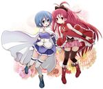  bad_id bad_pixiv_id black_legwear blue_eyes blue_hair boots bow cloak elbow_gloves flower gloves hair_bow highres hiroichi holding_hands long_hair magical_girl mahou_shoujo_madoka_magica miki_sayaka miniskirt multiple_girls red_eyes red_hair sakura_kyouko short_hair skirt smile thighhighs very_long_hair white_legwear zettai_ryouiki 