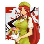  alternate_eye_color bad_id bad_pixiv_id bouquet braid breasts flower hong_meiling large_breasts long_hair red_eyes red_hair shibasaki_shouji smile solo star touhou twin_braids 