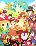  4boys bow cape card chain character_request compass copyright_request dress hair_bow hat highres kaze-hime multiple_boys multiple_girls mushroom playing_card top_hat 