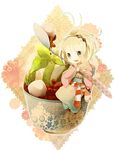  ahoge ao_no_exorcist bad_id bad_pixiv_id blonde_hair blush chibi cup food green_eyes hair_ornament hairband ice_cream japanese_clothes kimono leaf moriyama_shiemi open_mouth scarf short_hair sitting smile solo spoon transparent_background 