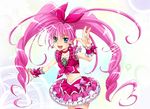  :d blue_eyes bow braid brooch choker cure_melody curly_hair dress earrings frills hair_ribbon hairband happy heart houjou_hibiki jewelry kirako long_hair magical_girl midriff open_mouth pink_bow pink_choker pink_hair precure ribbon smile solo sparkle suite_precure thighhighs twintails wrist_cuffs 