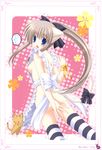  absurdres animal_ears apron ass black_legwear blue_eyes brown_hair cat cat_ears copyright_request d: highres naked_apron nekoneko nude open_mouth ponytail ribbon speech_bubble striped striped_legwear sweatdrop tail tail_ribbon thighhighs tiger_stripes white_legwear 