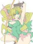  arm_up blonde blue_eyes breasts cleavage cleavage_cutout headdress large_breasts leotard long_hair open_mouth oppai riesz seiken_densetsu seiken_densetsu_3 smile squat very_long_hair waki 