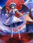  analog_clock blue_hair bobby_socks brooch clock clock_tower cloud dress full_moon hat jewelry mary_janes moon oil_painting_(medium) polearm red_eyes red_moon remilia_scarlet roman_numerals rooftop shoes short_hair socks solo spear spear_the_gungnir tafuto touhou tower traditional_media weapon wings 