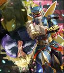  blonde_hair dual_persona formal helmet ivan_karelin iwaya jacket katana letterman_jacket male_focus origami_cyclone petals purple_eyes purple_jacket rotational_symmetry shuriken suit superhero sword tiger_&amp;_bunny upside-down weapon 