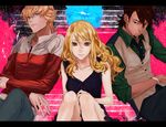  2boys barnaby_brooks_jr beard blonde_hair brown_eyes brown_hair dress facial_hair glasses green_eyes jacket kaburagi_t_kotetsu karina_lyle letterboxed long_hair multiple_boys necktie red_jacket sleeveless sleeveless_dress tiger_&amp;_bunny vest yaku_(ziroken) 