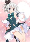  :d adapted_costume alternate_costume bad_id bad_pixiv_id bare_shoulders bobby_socks bow bowtie elbow_gloves flat_chest gloves green_eyes highres katana konpaku_youmu konpaku_youmu_(ghost) legs looking_at_viewer magical_girl mary_janes navel navel_cutout open_mouth panties peko petals shoes short_hair side-tie_panties silver_hair smile socks solo standing standing_on_one_leg striped striped_panties sword touhou underwear weapon wing_collar 