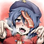  blue_eyes blue_hair blush breasts breath cleavage face fangs foreshortening hands hat heavy_breathing jiangshi large_breasts miyako_yoshika naui_kudan ofuda open_mouth outstretched_arms pale_skin saliva short_hair smile solo star swastika sweatdrop touhou upper_body zombie_pose 