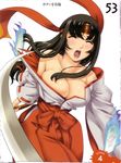  absurdres black_hair breasts eiwa hakama headband highres huge_breasts japanese_clothes miko ofuda open_mouth queen's_blade red_hakama ribbon-trimmed_sleeves ribbon_trim solo sword tearing_clothes tomoe torn_clothes weapon 