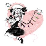  doll fangs flandre_scarlet hat hoozuki_shia mary_janes monochrome pink red_eyes shoes side_ponytail sitting slit_pupils solo spot_color touhou wings 
