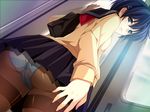  against_wall blue_eyes blue_hair chikan_senyou_sharyou_2 dutch_angle from_below game_cg koiizumi_amane looking_down morisaki_honoka oshiri pantyhose pettanko school_uniform serafuku shimapan short_hair skirt solo train train_interior window 