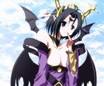  artist_request bat_(symbol) blush breasts cleavage digimon digimon_xros_wars facial_mark female highres lilithmon monster_girl nipple_slip nipples outdoors purple_eyes sky smile solo takayuuki wings 