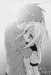  1girl aikawa_ayumu greyscale highres hug kore_wa_zombie_desu_ka? monochrome muririn non-web_source official_art school_uniform yoshida_yuki 