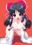  all_fours bad_id bad_pixiv_id black_hair blue_eyes bow breasts detached_sleeves hair_bow hair_tubes hakurei_reimu large_breasts long_hair naitou_satoshi nipples nude open_mouth solo touhou 