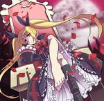  barefoot blazblue blonde_hair boots bow chair crossed_legs dress feet foreshortening frills full_moon knee_boots long_hair miyaji moon petals pointy_ears pov_feet rachel_alucard red_bow red_eyes ribbon rose_petals shoes single_shoe sitting solo throne toes twintails 