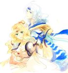  1boy 1girl armor blonde_hair blue_eyes bridal_gauntlets cape cecil_harvey couple earrings female final_fantasy final_fantasy_iv green_eyes hair_bun headband jewelry leotard long_hair male mizukumohouse rosa_farrell shoulder_pads silver_hair smile tiara 