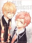  :d ao_no_exorcist blonde_hair border brown_eyes character_name grin looking_at_viewer male_focus moco multiple_boys one_eye_closed open_mouth pink_hair shima_kinzou shima_renzou smile 