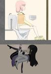  akemi_homura bad_id bad_pixiv_id bathroom black_hair kaname_madoka long_hair mahou_shoujo_madoka_magica multiple_girls pantyhose pink_hair rakuame03 toilet toilet_use trembling 