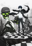  2boys absurdres axis_powers_hetalia backless_outfit black_footwear black_pants black_rock_shooter black_rock_shooter_(character) black_rock_shooter_(character)_(cosplay) blue_eyes catgirl0926 chain checkered_floor chinese_commentary commentary_request cosplay dead_master dead_master_(cosplay) green_eyes highres holding holding_sword holding_weapon japan_(hetalia) multiple_boys navel no_nipples no_shirt pants skull stomach sword united_kingdom_(hetalia) weapon wings 
