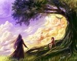  back bird boots braid cloud colorful grass hat high_res knee_socks kneehighs long_hair moon pixiv pixiv_fantasia pixiv_fantasia_4 plant purple_hair short single_braid sitting sky sunset tree trenchcoat 