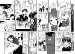  4girls :o ^_^ blush bottle bow bowtie building character_request closed_eyes comic cup drink drinking_glass drunk empty_eyes food glasses greyscale hanamizawa_q-tarou hat house indoors light liquid lying monochrome multiple_girls night on_side parted_lips plate rec shocked_eyes sleeping table talking translation_request 