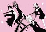  3girls animal_ears bad_id bad_pixiv_id cat_ears dress flower formal glasses hiizumi_akina isone_kotoha monochrome multiple_girls nanami_ao necktie petals pink_background scarf suit twintails yarizakura_hime yasuda_suzuhito yozakura_quartet 