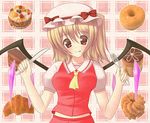  :p bad_id bad_pixiv_id blonde_hair cake croissant doughnut flandre_scarlet food fork french_cruller hat highres knife red_eyes short_hair smile solo tongue tongue_out touhou tsujishiro_naohitagi wings 