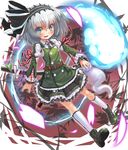  adapted_costume belt embellished_costume flower ghost green_eyes green_skirt hair_ribbon hairband highres hitodama katana konpaku_youmu konpaku_youmu_(ghost) necktie patricia_(stylish_marunage) petals ribbon scabbard sheath short_hair silver_hair skirt solo sword tassel touhou weapon 