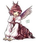 animal_ears bad_id bad_pixiv_id brown_dress brown_eyes brown_hair dress earrings face fangs fingernails hat jewelry mystia_lorelei open_mouth pink_hair pointy_ears shiba_itsuki short_hair simple_background sitting smile solo touhou v_arms white_background wings 