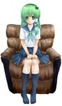  alternate_costume armchair chair green_eyes green_hair hair_ornament kochiya_sanae pleated_skirt satoimoya school_uniform serafuku sitting skirt socks solo touhou 