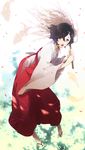  black_hair choker fish gohei hakama haraegushi japanese_clothes male_focus miko nakahara_(mu_tation) oonusa open_mouth otoko_no_ko petals purple_eyes red_hakama ribbon_choker sandals shide short_hair solo steins;gate urushibara_ruka 