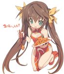  blade_(galaxist) bracelet brown_hair china_dress chinese_clothes chopsticks dress fang food green_eyes huang_lingyin infinite_stratos jewelry long_hair no_socks open_mouth simple_background solo twintails 