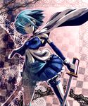  blue_eyes blue_hair cape checkered checkered_background dual_wielding gloves hairband highres holding magical_girl mahou_shoujo_madoka_magica midriff miki_sayaka mubouou_aasaa navel short_hair solo sword thighhighs weapon white_gloves 