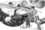  berserk charlotte_(madoka_magica) crossover dragonslayer_(sword) greyscale guts huge_weapon mahou_shoujo_madoka_magica monochrome nemo_(nameless920) spoilers sword weapon 