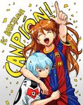  2girls ayanami_rei blue_hair boyaking brown_hair catalan closed_eyes clothes_writing face fc_barcelona foreshortening hands la_liga long_hair manchester_united md5_mismatch multiple_girls neon_genesis_evangelion open_mouth pointing premier_league ranguage red_eyes short_hair sketch soccer soccer_uniform souryuu_asuka_langley sportswear uefa_champions_league 