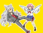  alternate_costume bow brown_eyes contemporary fujiwara_no_mokou gakuran grey_hair hair_bow hands_in_pockets kieeyo long_hair multiple_girls mystia_lorelei pants pink_hair red_eyes school_uniform serafuku short_hair simple_background touhou wings 