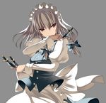  between_fingers braid grey_background grey_hair hair_ribbon izayoi_sakuya knife kureha_(ironika) long_sleeves maid maid_headdress ribbon short_hair simple_background solo touhou twin_braids 