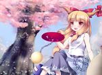  alcohol belt bow chain cherry_blossoms cup dress drinking gourd hair_bow horn_ribbon horns ibuki_suika long_hair orange_eyes orange_hair petals ponytail ribbon sakazuki sake sangoruri sitting sleeveless smile solo touhou tree very_long_hair 