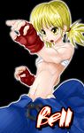  1girl bandage bell bell_(ssf4) black_background blonde_hair child female fingerless_gloves gloves glowing lowres navel shin_(studios) short_hair short_twintails small_breasts solo super_strip_fighter_4 super_strip_fighters_4 twintails yellow_eyes 