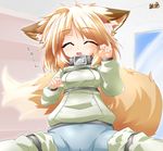  animal_ear_fluff animal_ears blonde_hair closed_eyes collar fang fox_ears fox_tail highres kazami_karasu open_mouth original pants paw_pose shirt sitting solo tail window 