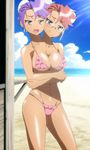  2girls beach bikini blue_eyes breast_hold breasts cleavage conjoined crossed_arms glasses hair_buns large_breasts legs multi_head pink_hair purple_hair sideboob sisters stitched sunlight swimsuit thighs twins underboob 