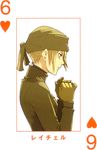  baccano! bandana blonde_hair card card_(medium) enami_katsumi gloves heart official_art playing_card rachel_(baccano!) ryohgo_narita_(mangaka) short_hair solo turtleneck 